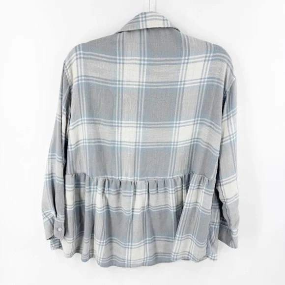 ✅ American Eagle AE Oversized Babydoll Plaid Shirt BLUE/WHITE/GREY SIZE SMALL - Picture 7 of 7